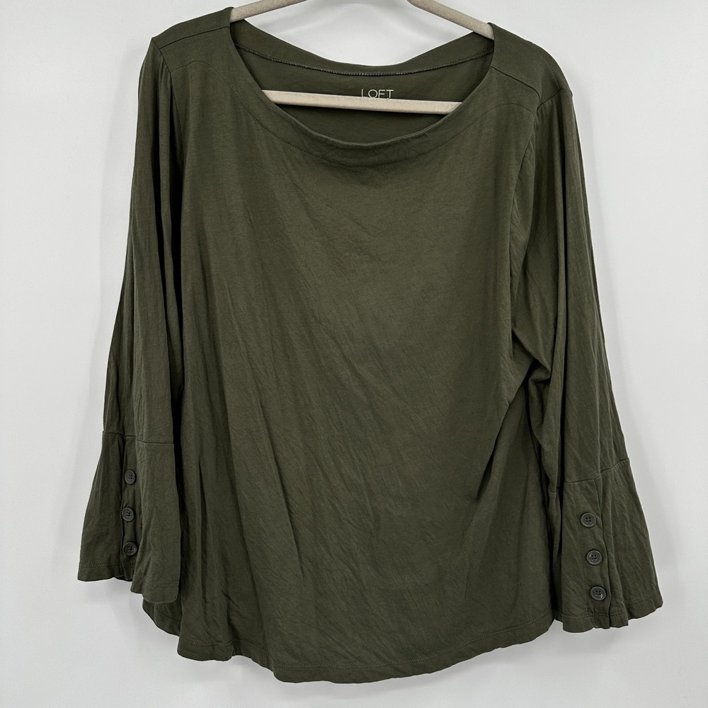 Loft Outlet‎ Womens XL Olive Green Cotton Boat Neck Top Button Cuff 3/4 Sleeve